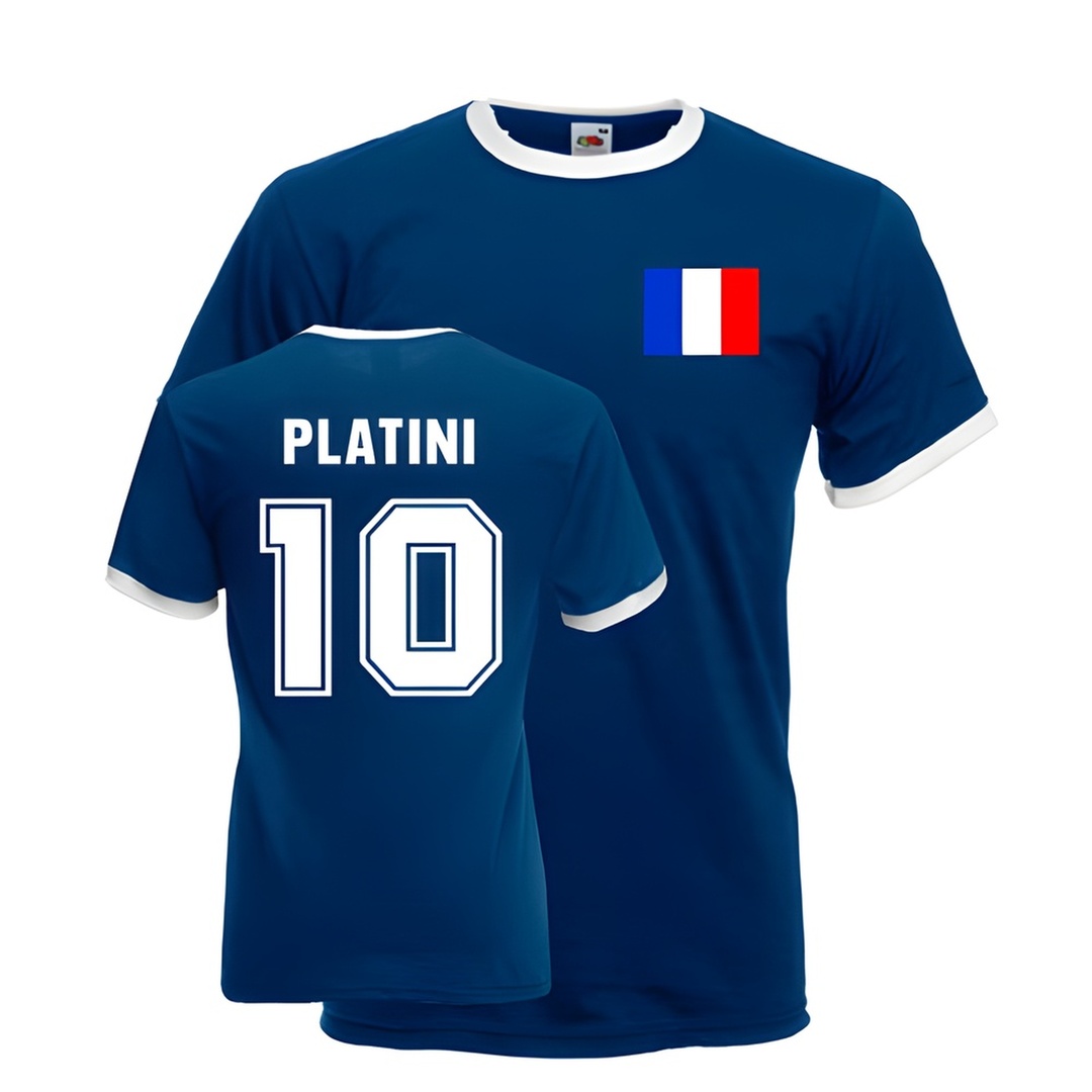 Michel Platini France Ringer Tee (Dark Blue) Polyester Made By: Gildan Men's Dark Blue Large