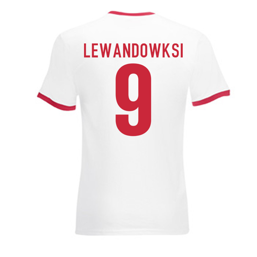 Robert Lewandowski Poland Ringer Tee (White-) Polyester Made By: Gildan Men's Red Large