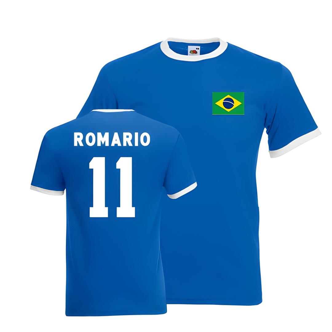 Romario Brazil Ringer Tee (Blue) Polyester Made By: Gildan Men's Blue Extra Large