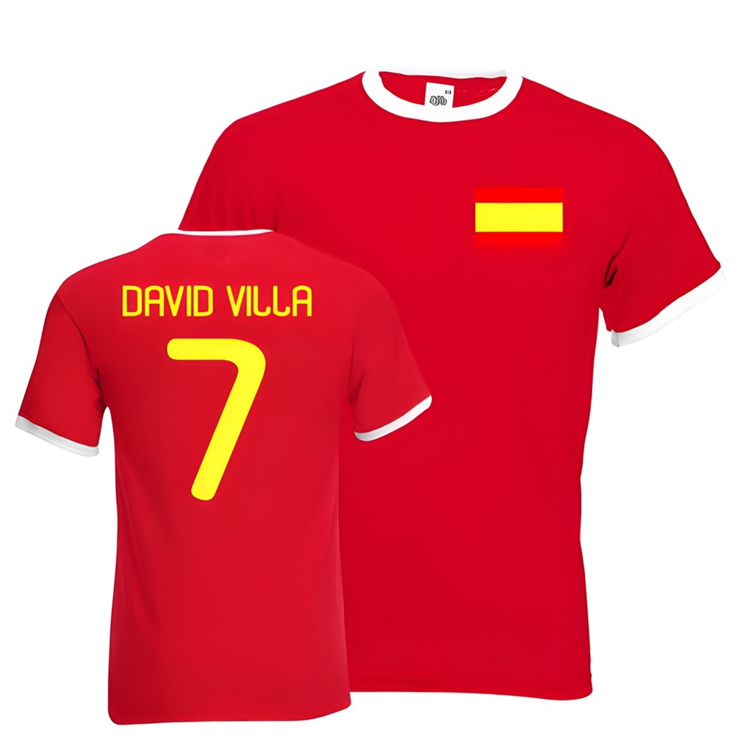 David Villa Spain Ringer Tee (Red) Polyester Made By: Gildan Men's Red Small