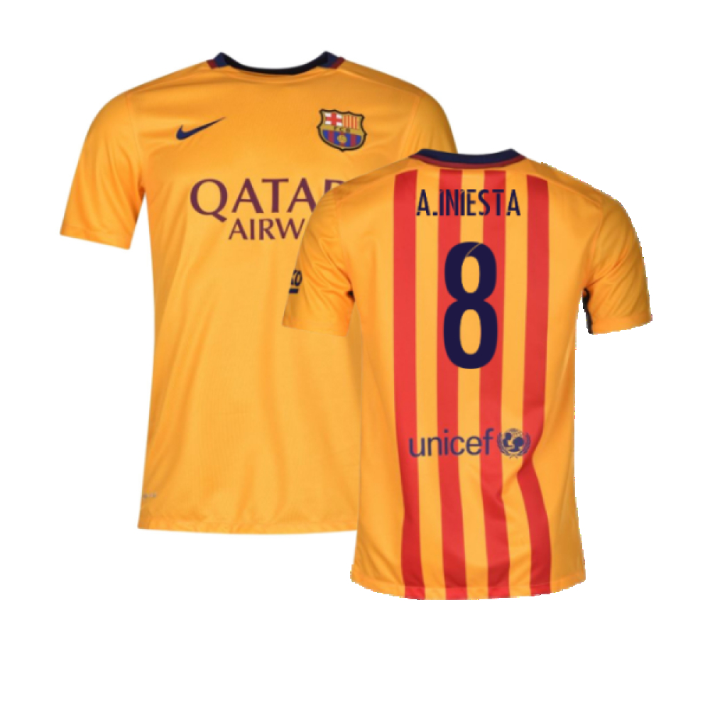 '15-'16 Barcelona Away Shirt ) (Good) (A.iniesta 8) Polyester Made By: Nike Men's Yellow Xxl