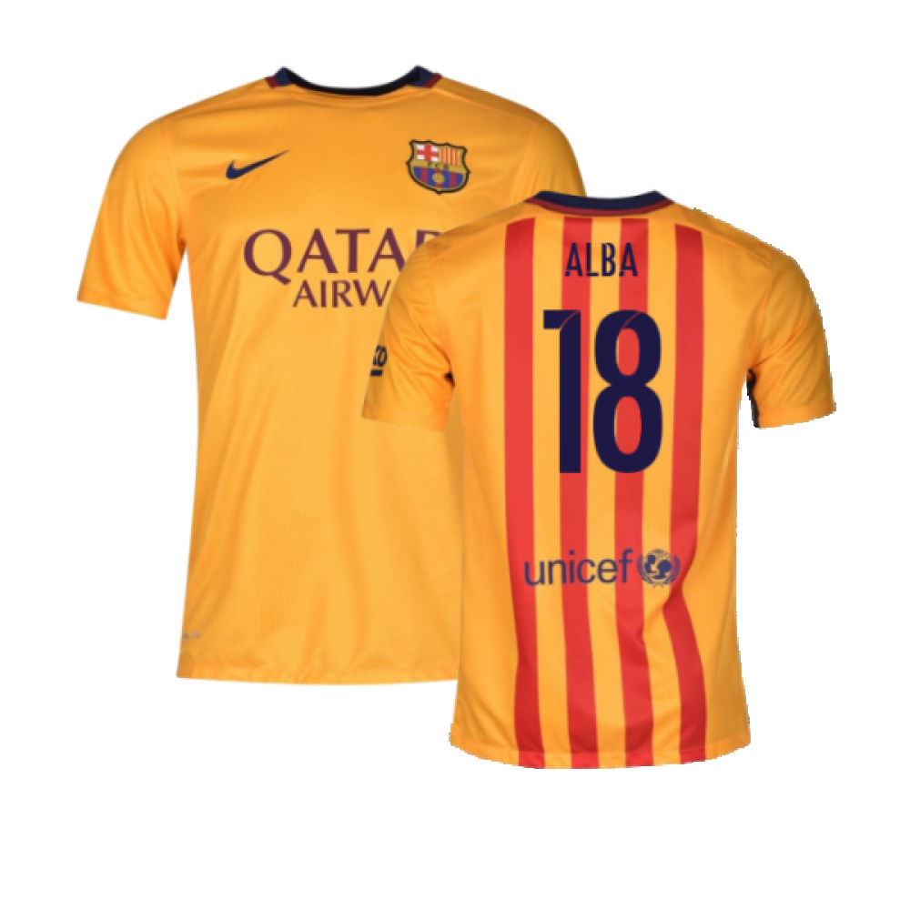 '15-'16 Barcelona Away Shirt ) (Good) (Alba 18) Polyester Made By: Nike Men's Yellow Xxl