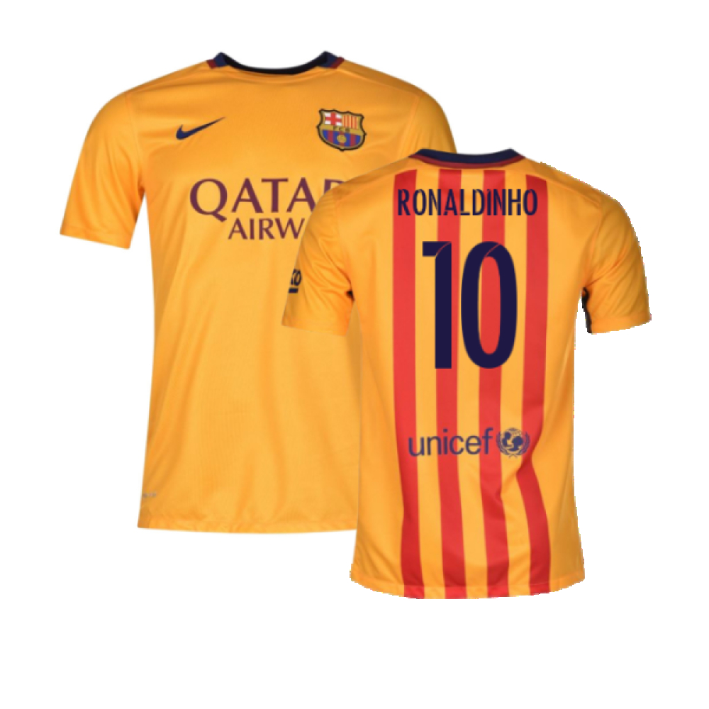 '15-'16 Barcelona Away Shirt ) (Good) (Ronaldinho 10) Polyester Made By: Nike Men's Yellow Xxl