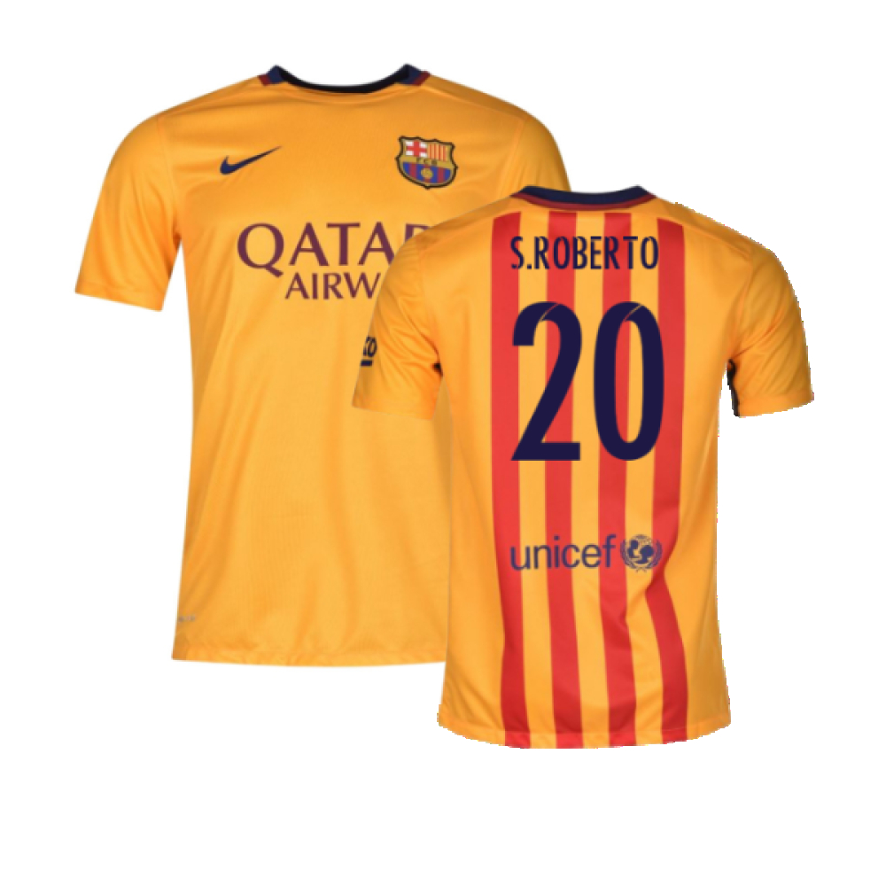 '15-'16 Barcelona Away Shirt ) (Good) (S.roberto 20) Polyester Made By: Nike Men's Yellow Xxl