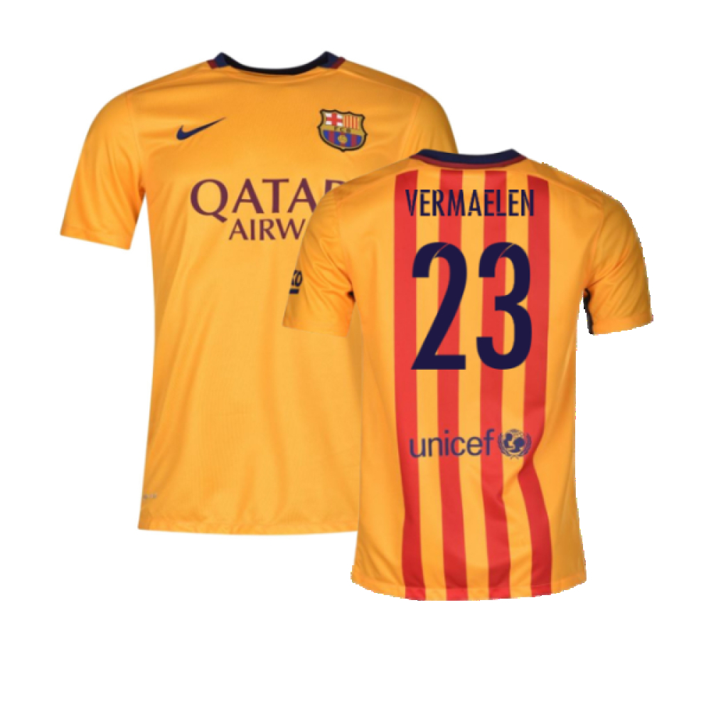 '15-'16 Barcelona Away Shirt ) (Good) (Vermaelen 23) Polyester Made By: Nike Men's Yellow Xxl
