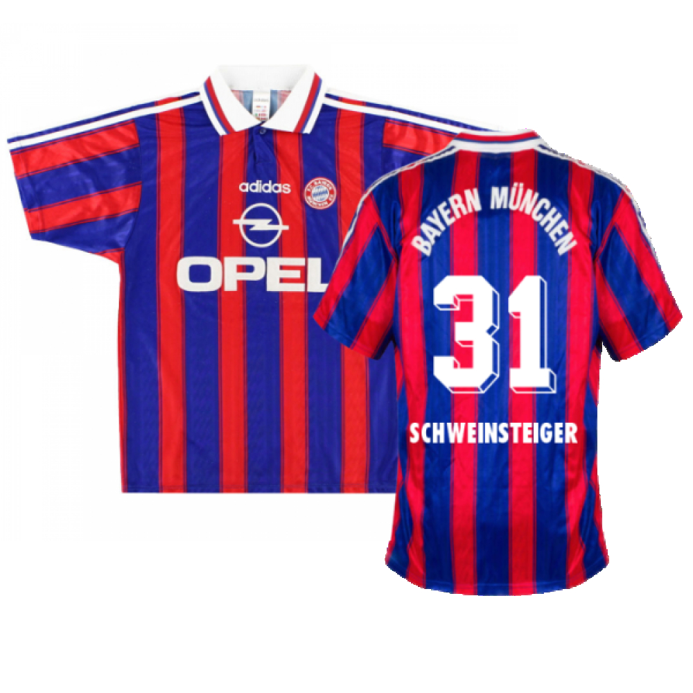 '95-'97 Bayern Munich Home Shirt (Boys 26/28 7-8Y) (Excellent) (Schweinsteiger 31) Kids Polyester Made By: Adidas Unisex Kids Red Size 7-8