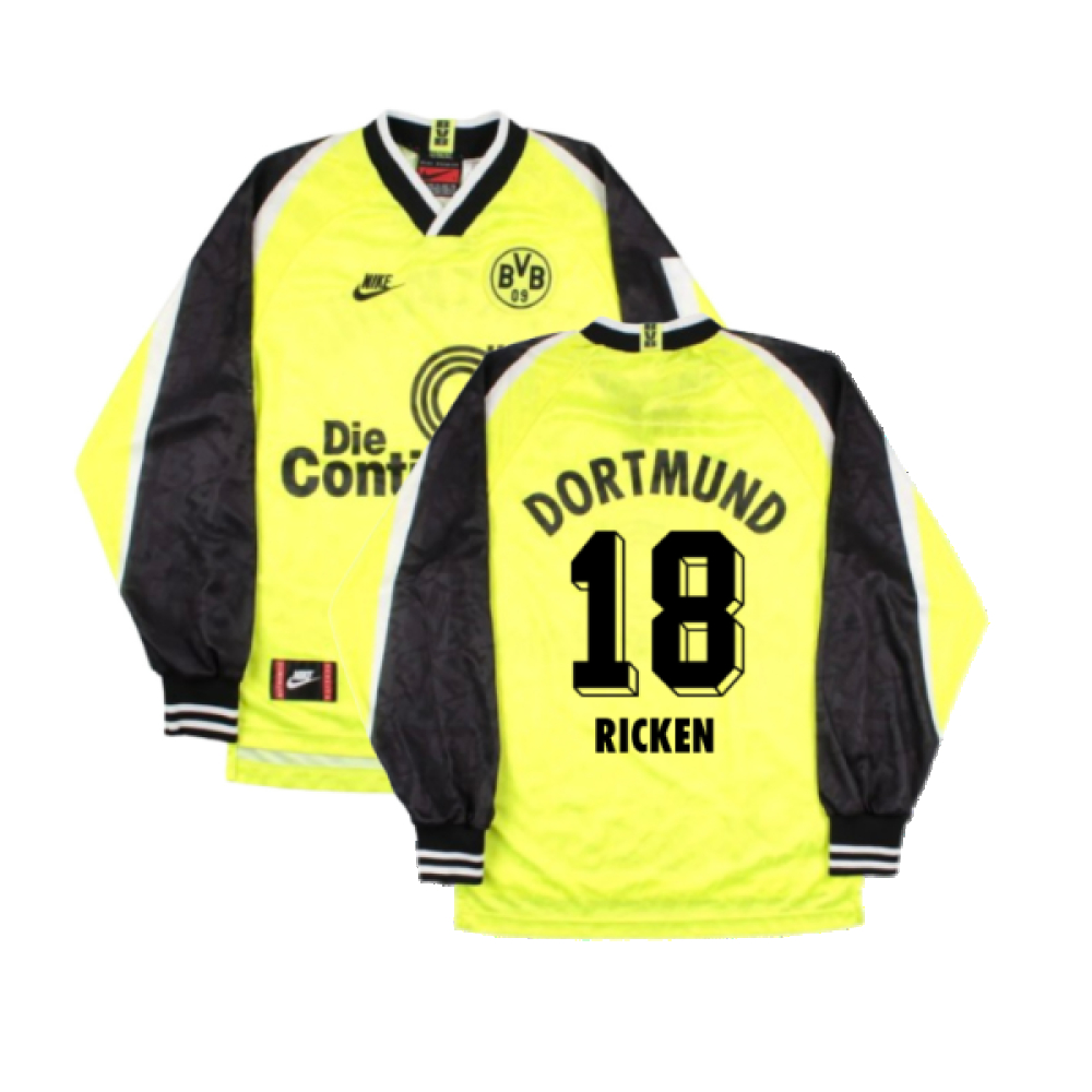 '95-'96 Borussia Dortmund Long Sleeve Home Shirt (S) (Very Good) (Ricken 18) Polyester Made By: Nike Men's Yellow Small