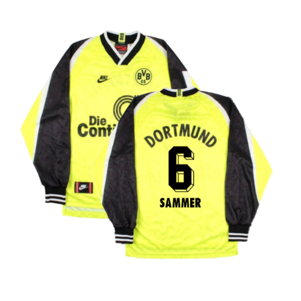 '95-'96 Borussia Dortmund Long Sleeve Home Shirt (S) (Very Good) (Sammer 6) Polyester Made By: Nike Men's Yellow Small