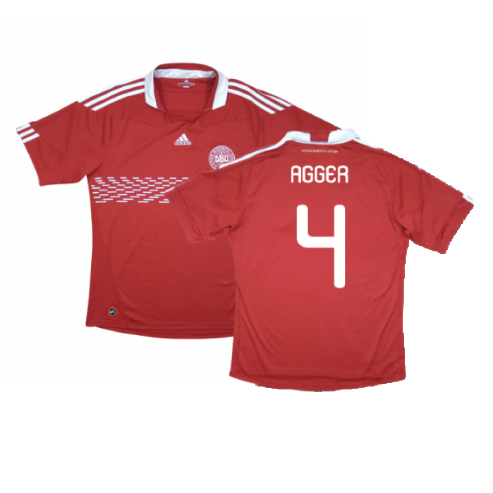 '10-'11 Denmark Home Shirt (M) (Excellent) (Agger 4) Polyester Made By: Adidas Men's Red Medium