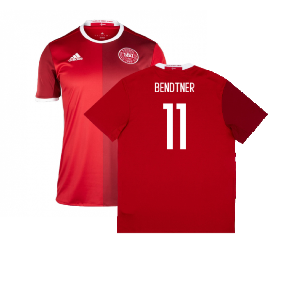 '15-'16 Denmark Home Shirt (L) (Excellent) (Bendtner 11) Polyester Made By: Adidas Men's Red Large