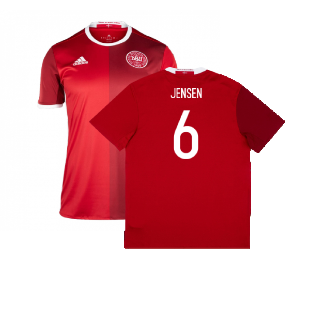 '15-'16 Denmark Home Shirt (L) (Excellent) (Jensen 6) Polyester Made By: Adidas Men's Red Large