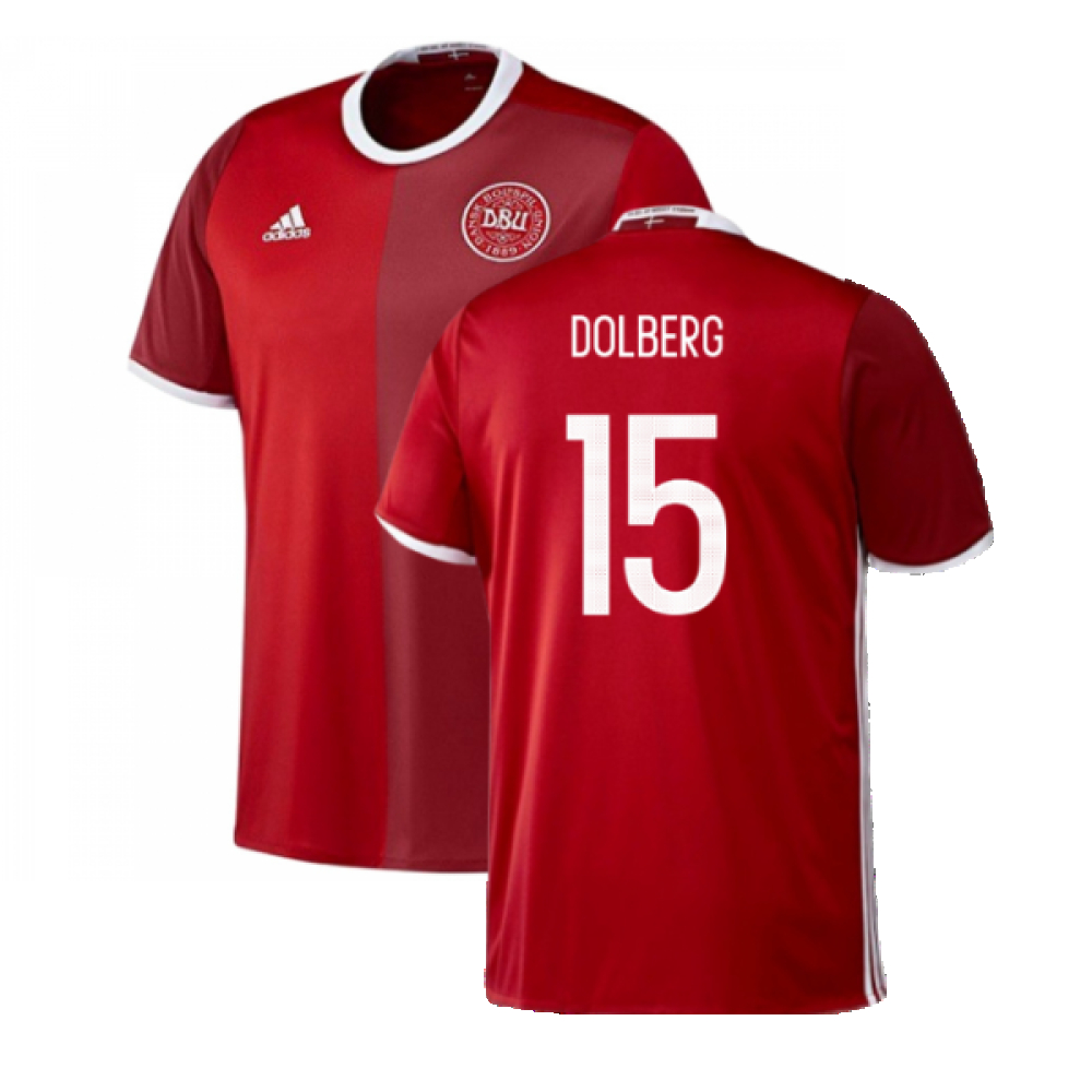 '16-'17 Denmark Home Shirt (S) (Mint) (Dolberg 15) Polyester Made By: Adidas Men's Red Small