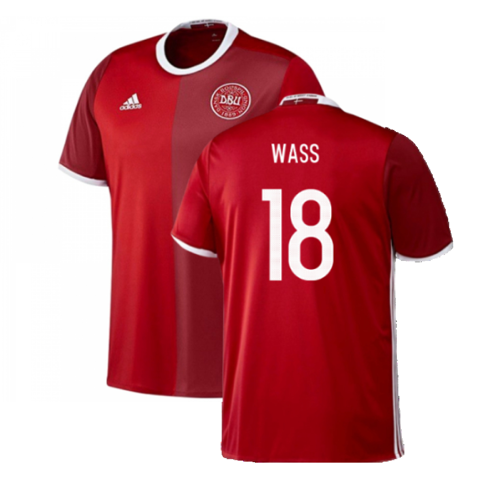 '16-'17 Denmark Home Shirt (S) (Mint) (Wass 18) Polyester Made By: Adidas Men's Red Small