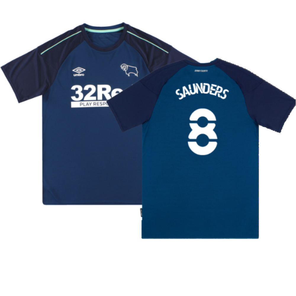 '20-'21 Derby County Away Shirt (L) (Mint) (Saunders 8) Polyester Made By: Umbro Men's Dark Blue Large