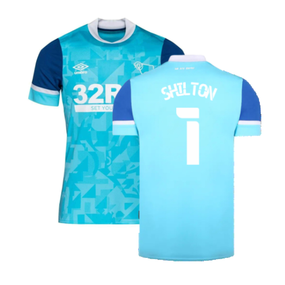 '21-'22 Derby County Away Shirt ) (Mint) (Shilton 1) Polyester Made By: Umbro Men's Sky Blue Extra Large