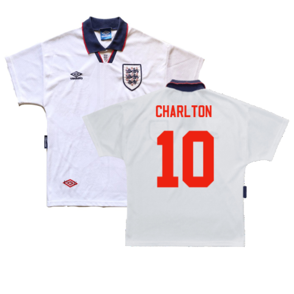 '93-'95 England Home Shirt ) (Excellent) (Charlton 10) Polyester Made By: Umbro Men's White Extra Large
