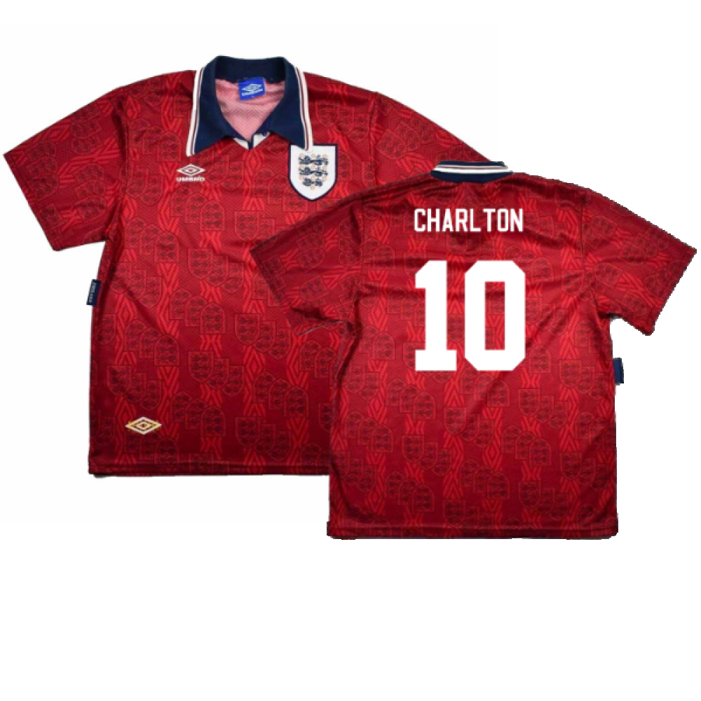 '93-'95 England Away Shirt (L) (Mint) (Charlton 10) Polyester Made By: Umbro Men's Red Large