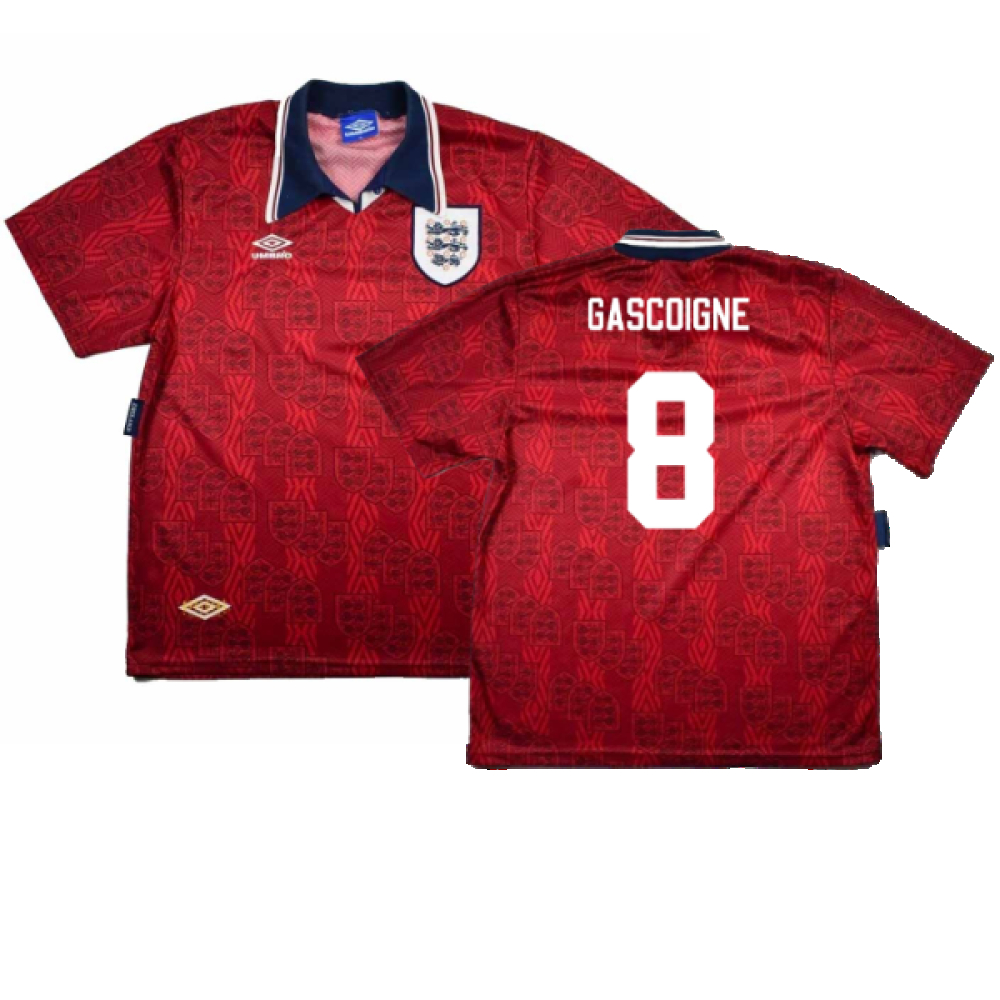 '93-'95 England Away Shirt (L) (Mint) (Gascoigne 8) Polyester Made By: Umbro Men's Red Large