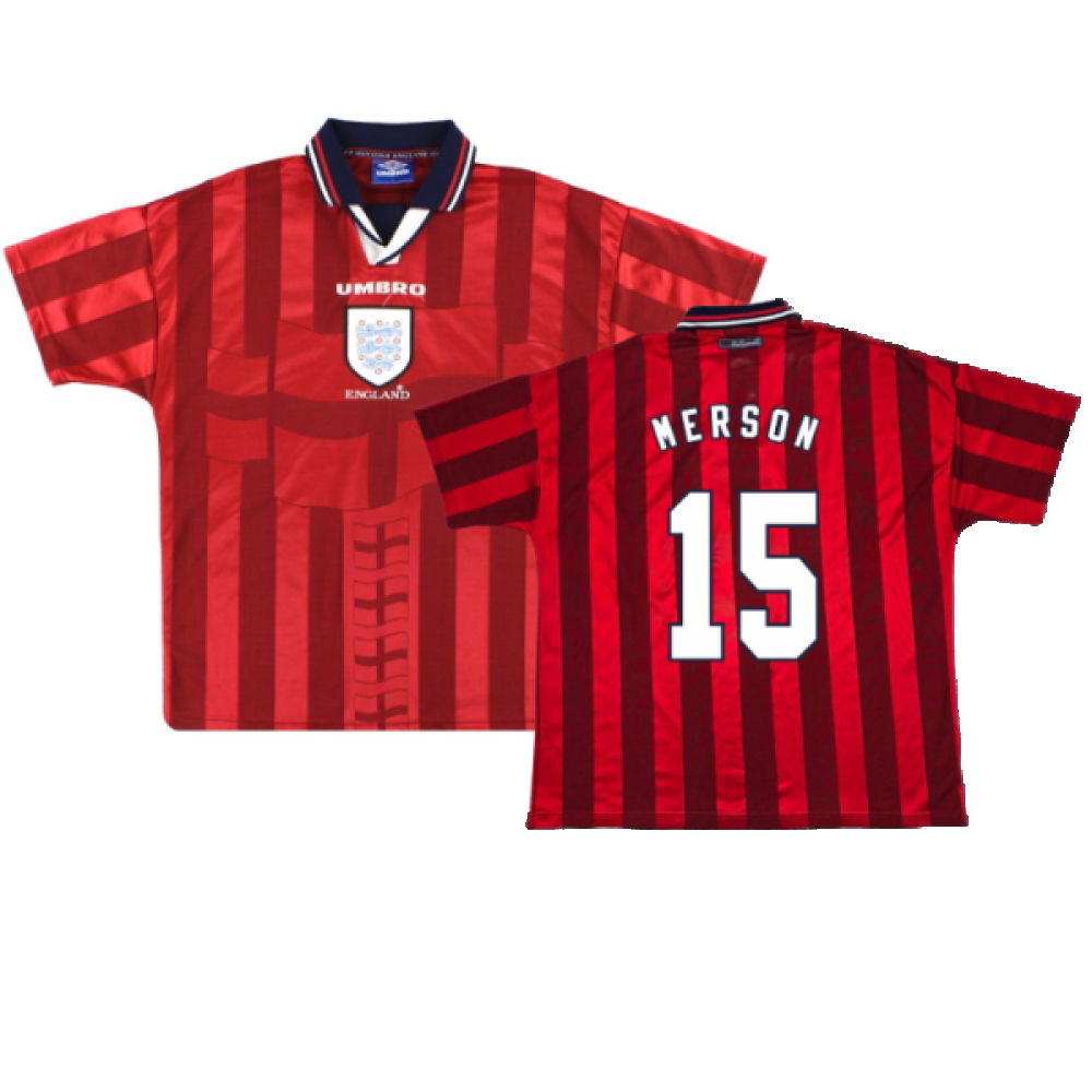 '97-'99 England Away Shirt (L) (Fair) (Merson 15) Polyester Made By: Umbro Men's Red Large