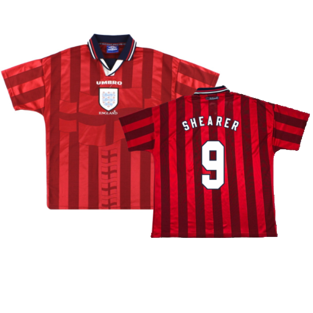 '97-'99 England Away Shirt (L) (Fair) (Shearer 9) Polyester Made By: Umbro Men's Red Large