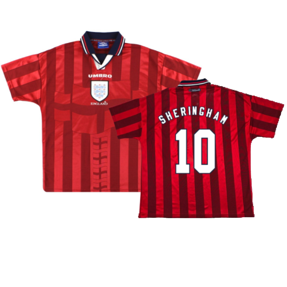 '97-'99 England Away Shirt (M) (Excellent) (Sheringham 10) Polyester Made By: Umbro Men's Red Medium