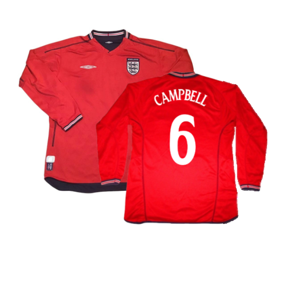 '02-'04 England Away Shirt Ls (L) (Excellent) (Campbell 6) Polyester Made By: Umbro Men's Red Large