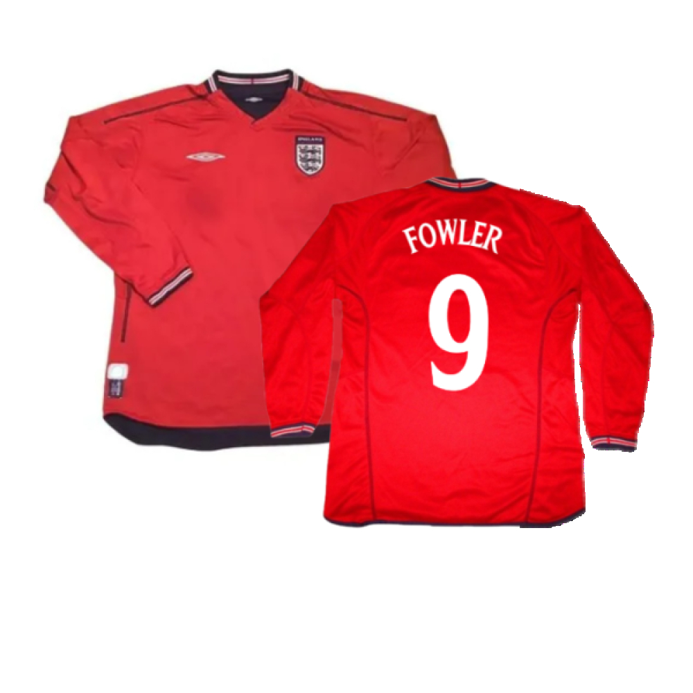 '02-'04 England Long Sleeve Away Shirt (S) (Very Good) (Fowler 9) Polyester Made By: Umbro Men's Red Small