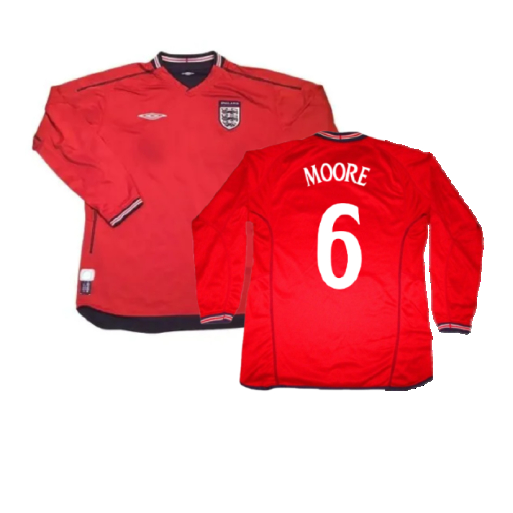 '02-'04 England Long Sleeve Away Shirt (S) (Very Good) (Moore 6) Polyester Made By: Umbro Men's Red Small
