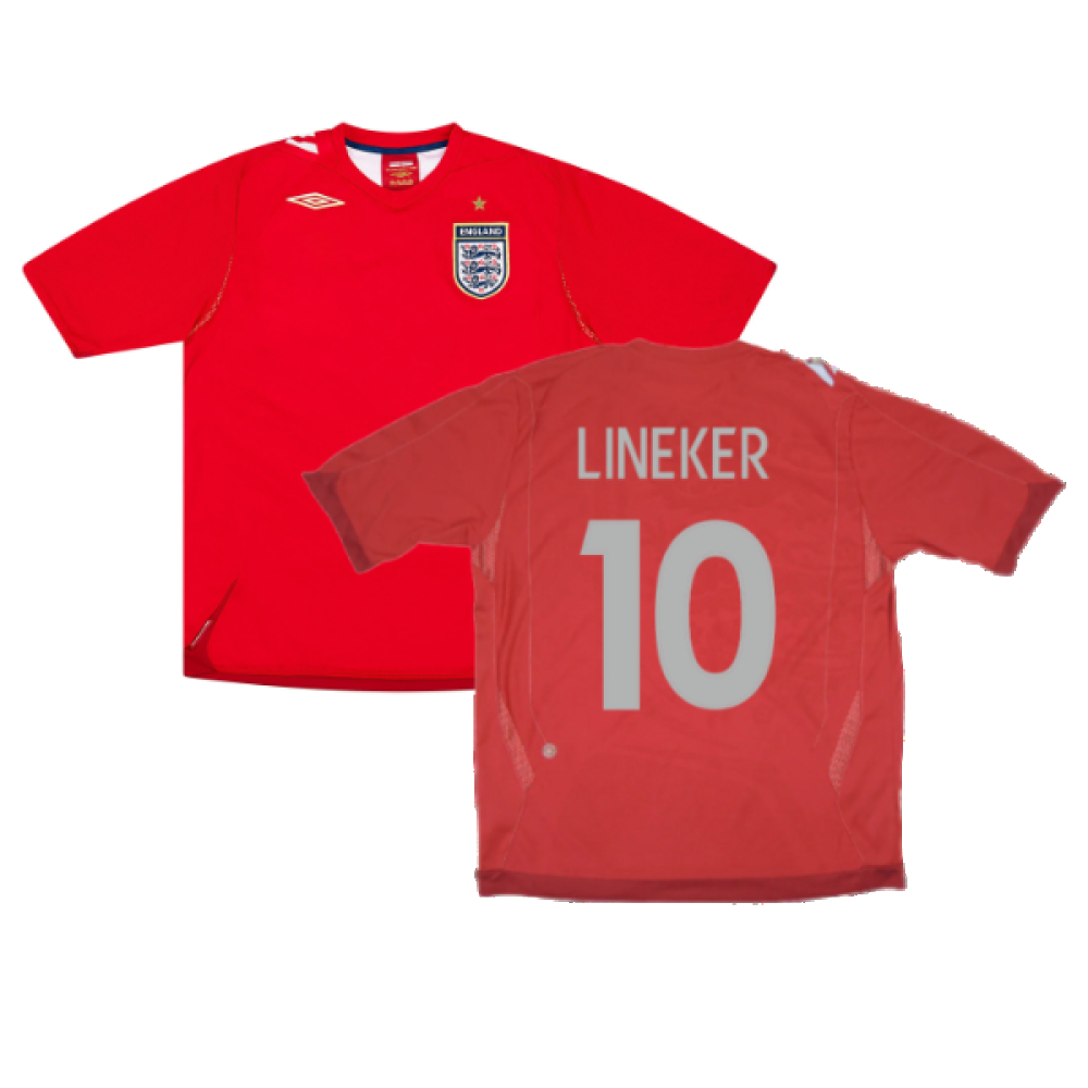 '06-'08 England Away Shirt ) (Good) (Lineker 10) Polyester Made By: Umbro Men's Red Xxl