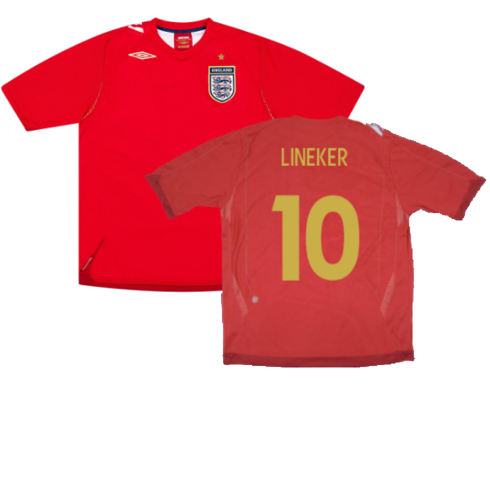 '06-'08 England Away Shirt (Very Good) (Lineker 10) Polyester Made By: Umbro Men's Red Xxl
