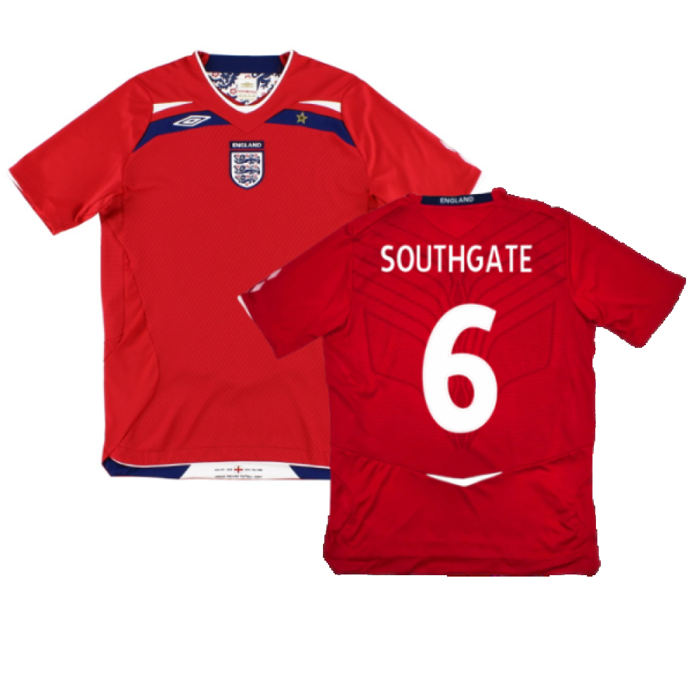 '08-'10 England Away Shirt ) (Mint) (Southgate 6) Polyester Made By: Umbro Men's Red Extra Large
