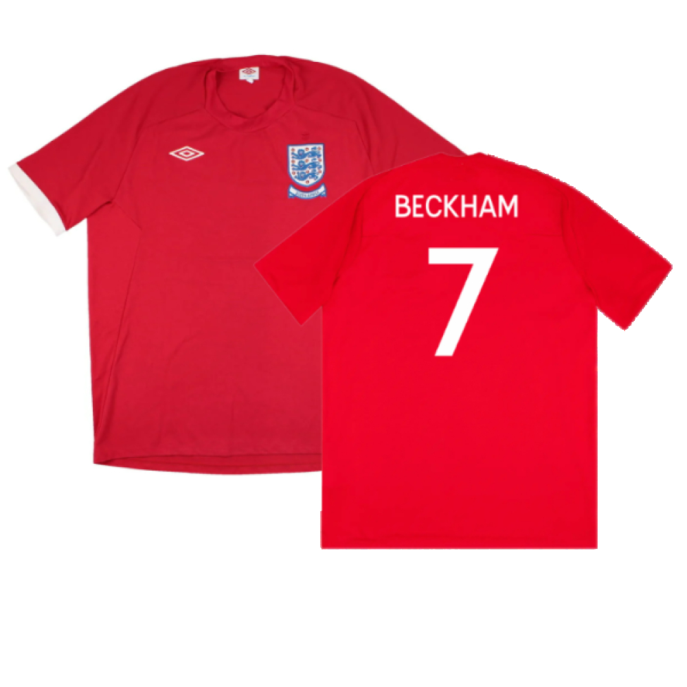 '10-'11 England Away Shirt (South Africa Badge Detail) ) (Very Good) (Beckham 7) Polyester David Beckham Made By: Umbro Men's Red Size 46