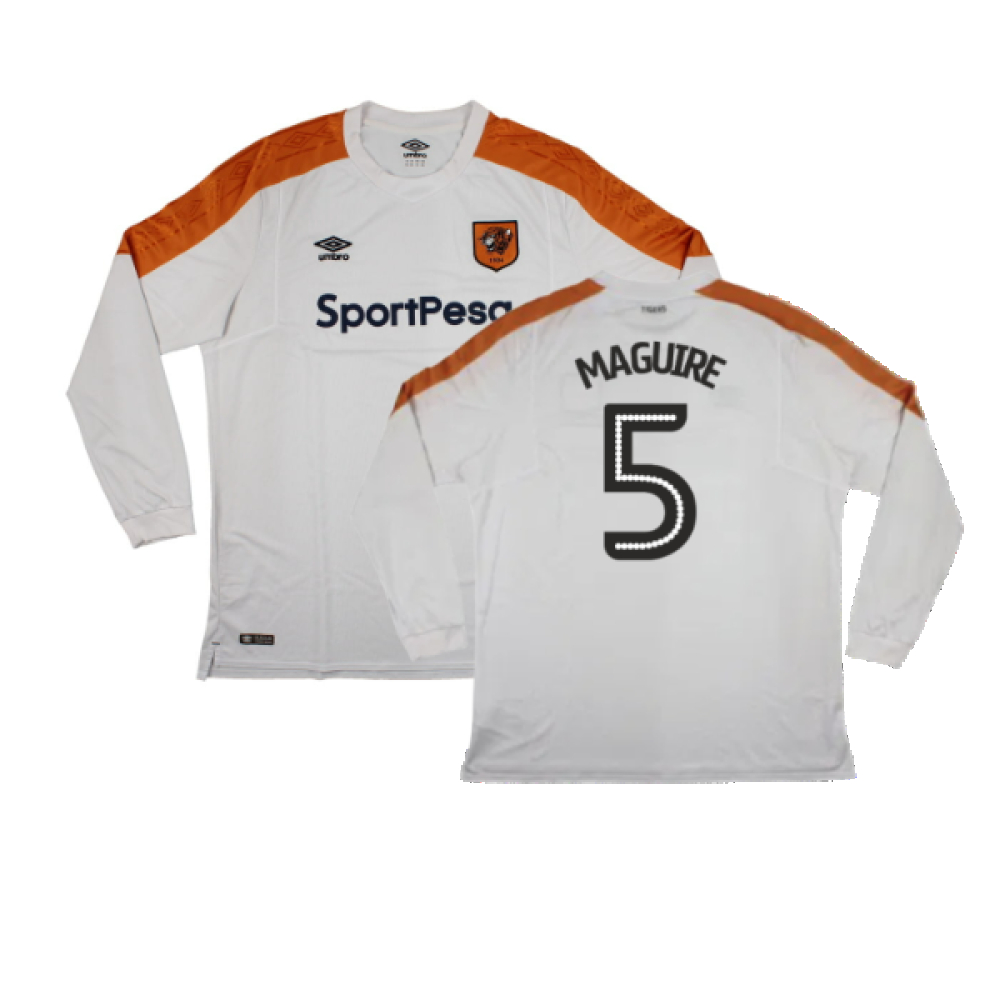 '17-'18 Hull City Long Sleeve Away Shirt ) (Excellent) (Maguire 5) Polyester Made By: Umbro Men's White Xxl