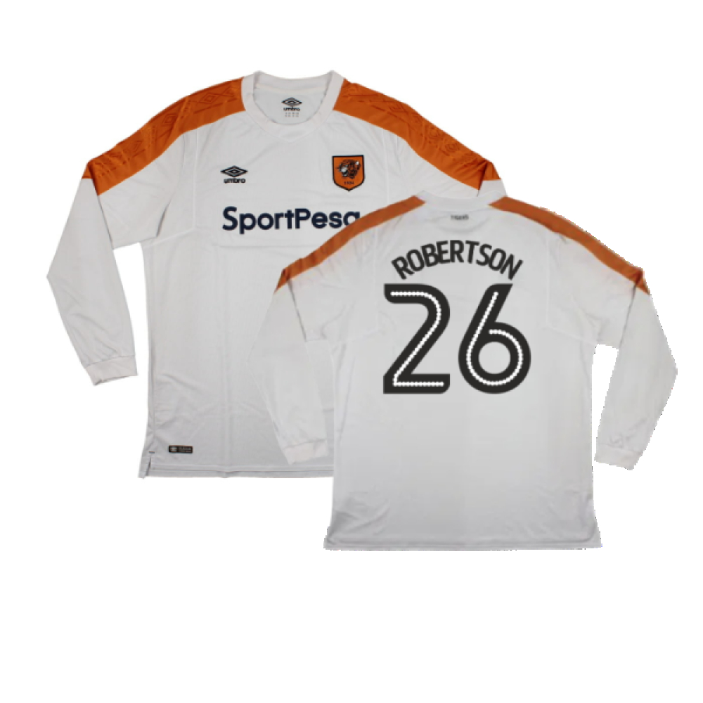 '17-'18 Hull City Long Sleeve Away Shirt ) (Excellent) (Robertson 26) Polyester Made By: Umbro Men's White Xxl