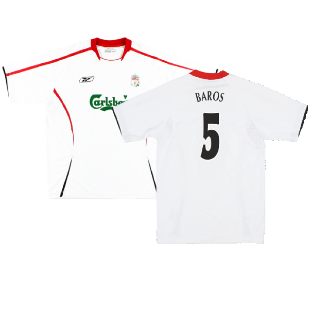 '05-'06 Liverpool Away Shirt ) (Very Good) (Baros 5) Polyester Made By: Reebok Men's White Xxl