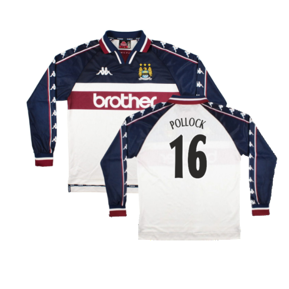 '97-'99 Manchester City Away Long Sleeve Shirt (M) (Very Good) (Pollock 16) Polyester Made By: Kappa Men's White Medium