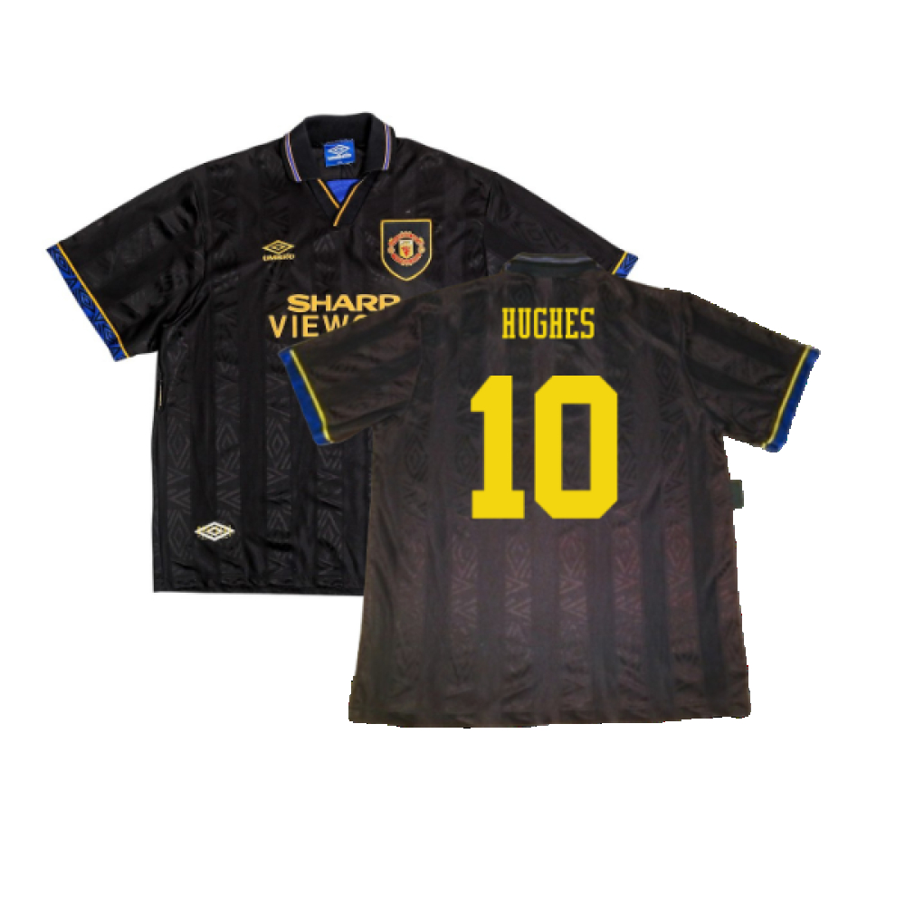 '93-'95 Manchester United Away Shirt (S) (Excellent) (Hughes 10) Polyester Made By: Umbro Men's Black Small