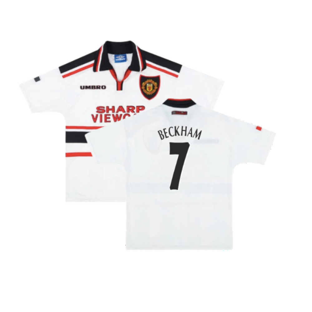 '97-'98 Manchester United Away Shirt (M) (Excellent) (Beckham 7) Polyester Made By: Umbro Men's White Medium