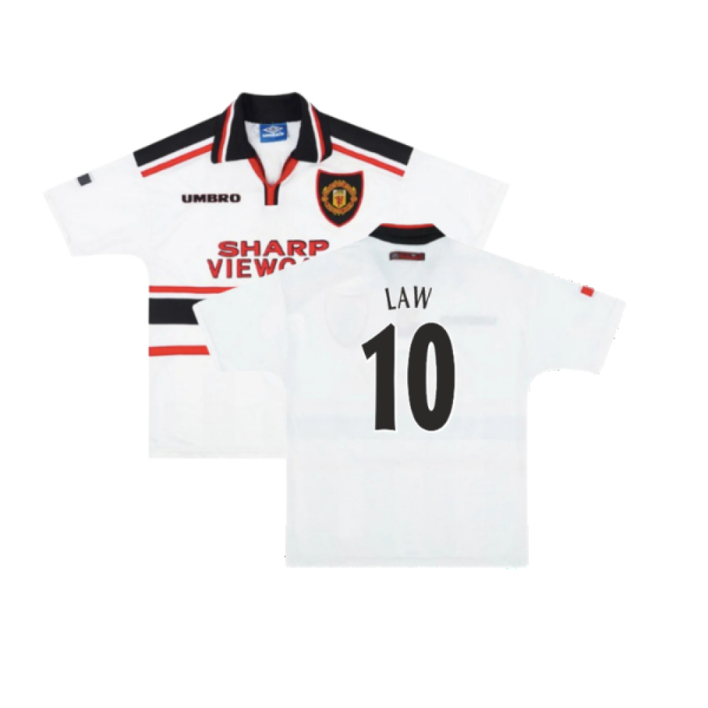 '97-'98 Manchester United Away Shirt (M) (Excellent) (Law 10) Polyester Made By: Umbro Men's White Medium