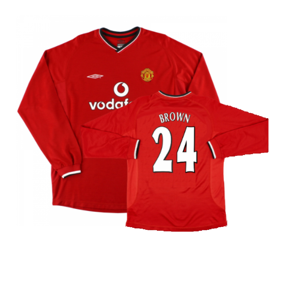 '00-'02 Manchester United Long Sleeved Home Shirt ) (Excellent) (Brown 24) Polyester Made By: Umbro Men's Red Xxl