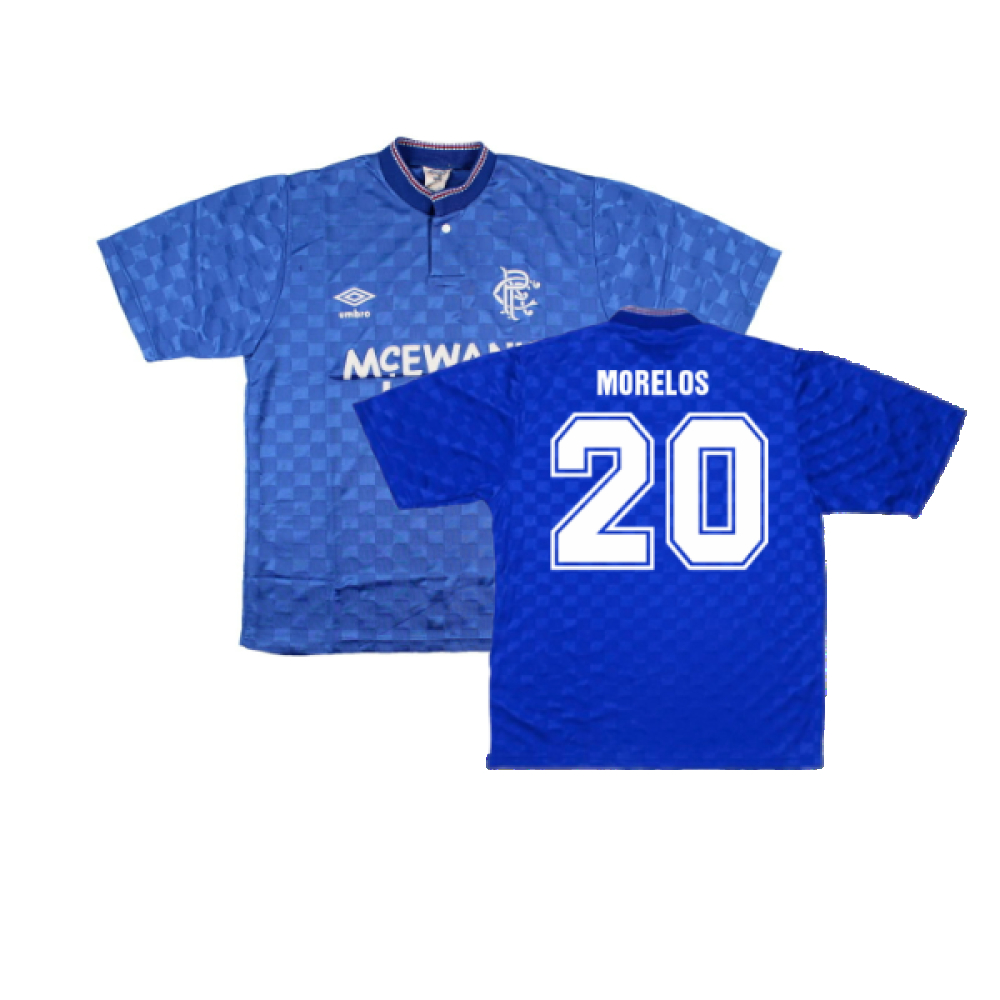 '87-'90 Rangers Home Shirt (S) (Very Good) (Morelos 20) Polyester Made By: Umbro Men's Blue Small
