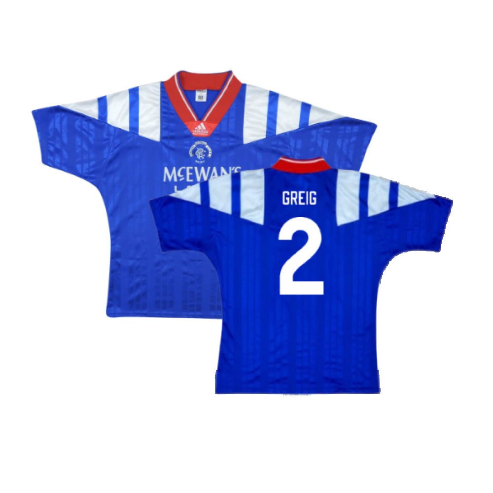 '92-'94 Rangers Home Shirt ) (Excellent) (Greig 2) Polyester Made By: Adidas Men's Blue Extra Large