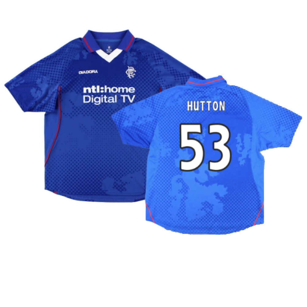 '02-'03 Rangers Home Shirt ) (Excellent) (Hutton 53) Polyester Made By: Diadora Men's Blue Xxl