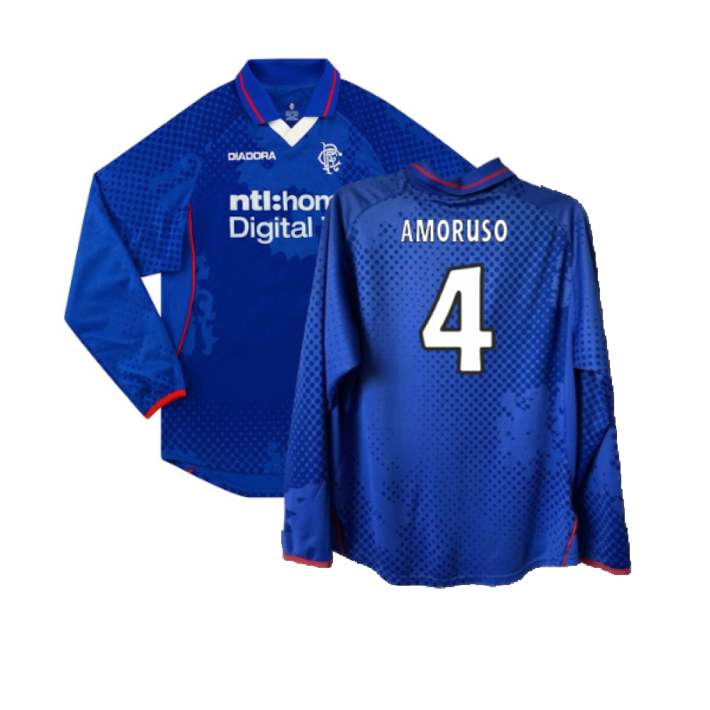 '02-'03 Rangers Long Sleeved Home Shirt ) (Excellent) (Amoruso 4) Polyester Made By: Diadora Men's Blue Extra Large