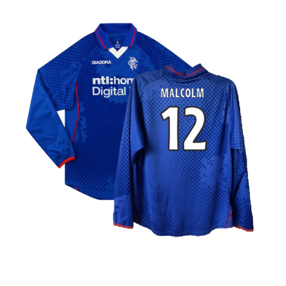 '02-'03 Rangers Long Sleeved Home Shirt ) (Excellent) (Malcolm 12) Polyester Made By: Diadora Men's Blue Extra Large