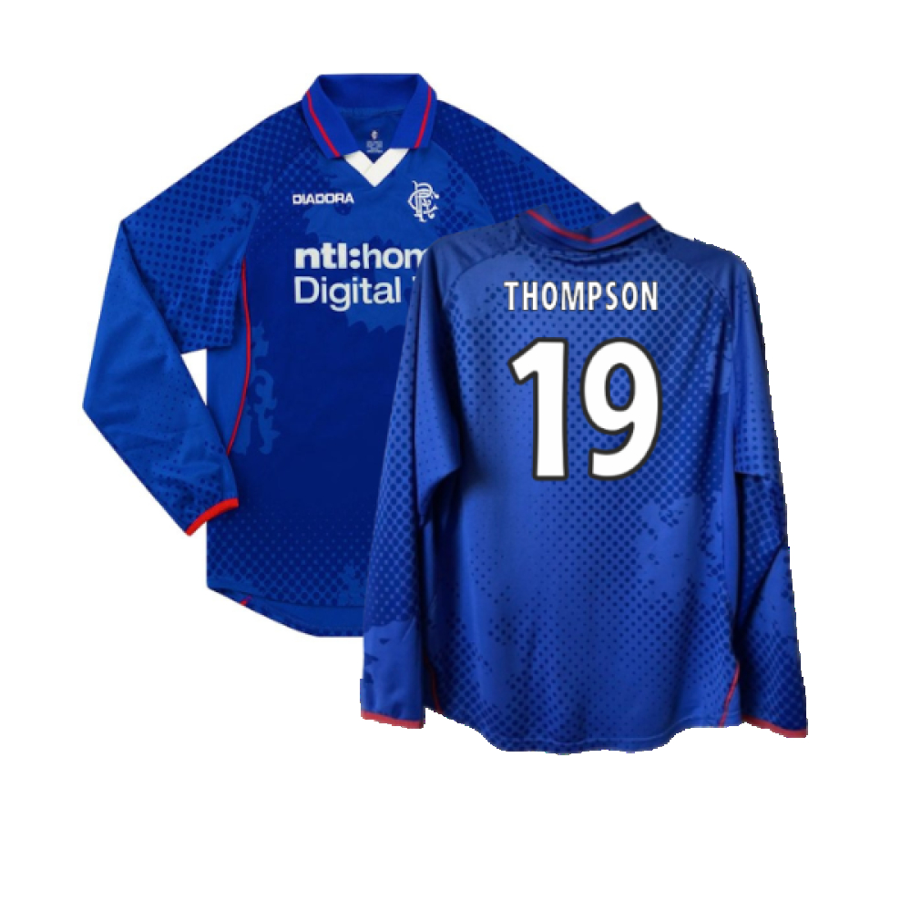 '02-'03 Rangers Long Sleeved Home Shirt ) (Excellent) (Thompson 19) Polyester Made By: Diadora Men's Blue Extra Large