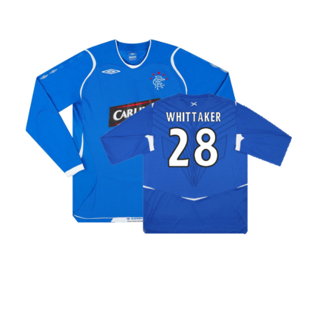 '08-'09 Rangers Home L/S Shirt (M) (Excellent) (Whittaker 28) Polyester Made By: Umbro Men's Blue Medium