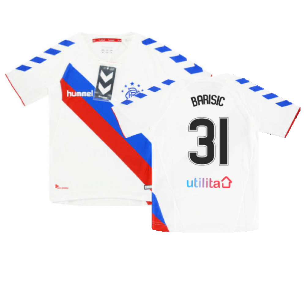 '18-'19 Rangers Away Shirt (Sponsorless) (Sb) (Bnwt) (Barisic 31) Kids Polyester Made By: Hummel Unisex Kids White Small