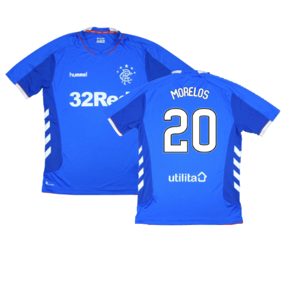 '18-'19 Rangers Home Shirt (M) (Very Good) (Morelos 20) Polyester Made By: Hummel Men's Blue Medium