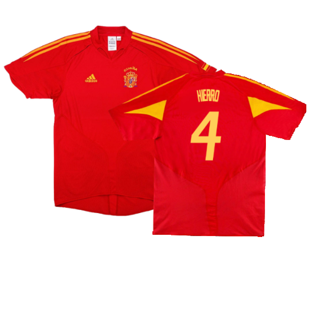 '04-'06 Spain Home Shirt (S) (Excellent) (Hierro 4) Polyester Made By: Adidas Men's Red Small